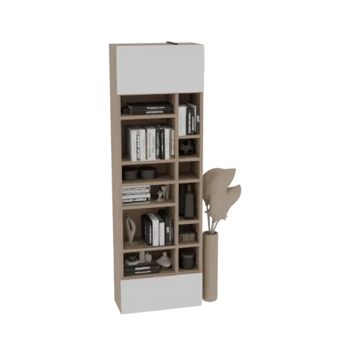 3D model of a modern tall bookshelf with a white cabinet on top and open shelves, displaying books and decor items.