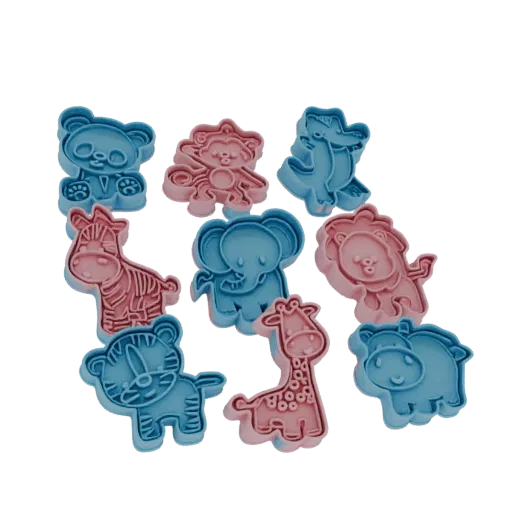 A 3D render of a set of cute cartoon animal cookie cutters, including a panda, tiger, elephant, lion, giraffe, zebra, hippo,
