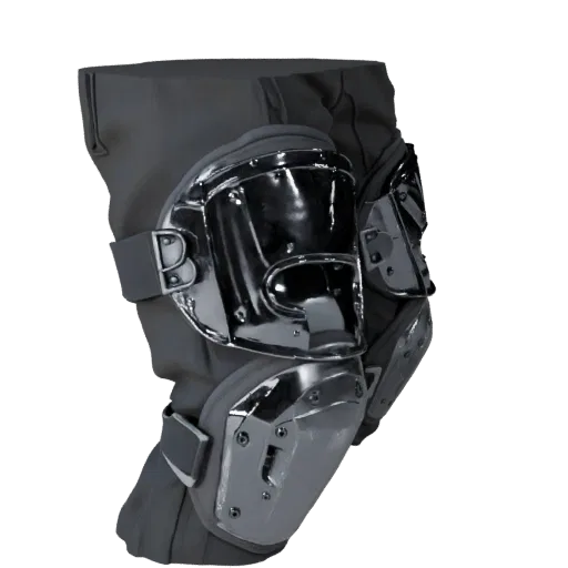 Modelo 3D High Poly de Joelheiras Riot, render de estúdio em close-up, mostrando escudos transparentes, silhueta protetora.