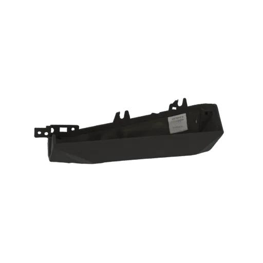 Modelo 3D de un embellecedor de ventilación de coche negro con soportes de montaje y una pequeña etiqueta.