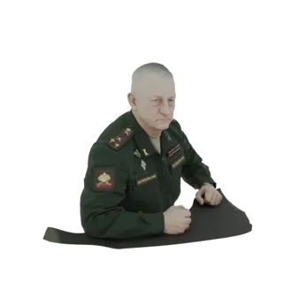 3D model of a Russian General in a dark green military uniform, with medals and insignia, looking to the side.