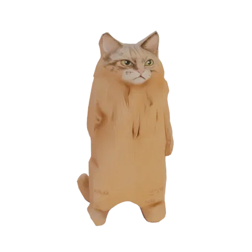 3D model render of a light brown, stylized cat standing upright with a curious expression and green eyes.