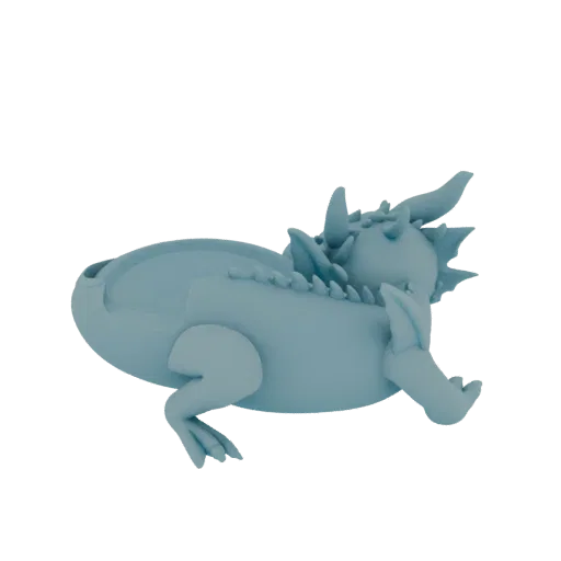 A light blue, chubby dragon figurine 3D model with small wings and a spiky crest, shown from a side profile.
