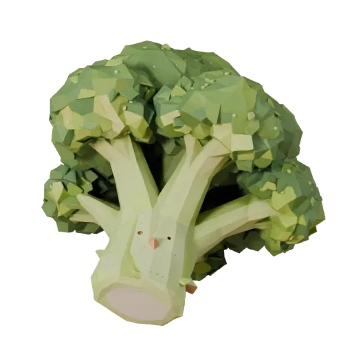 Chopped Broccoli Head Low Poly 3D model, game viewport three-quarter view, showing leaf veins, form detail.