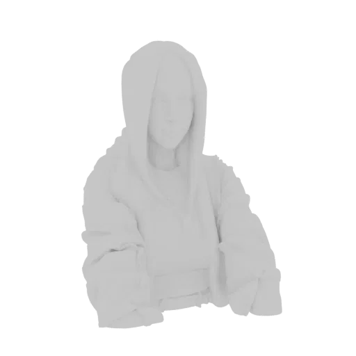 3D-Modell-Rendering einer stilisierten Figur mit Kapuzenpullover, in neutraler Pose vor weißem Hintergrund.