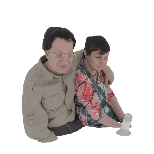 3D model of a man and woman sitting together, looking at a small device held by the woman.