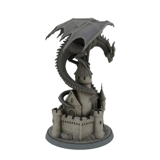 3D model render of a grey dragon coiled around a stone castle tower with battlements.