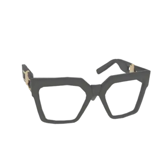 Modelo 3D de gafas geométricas negras con acentos dorados en las patillas, visto de frente.