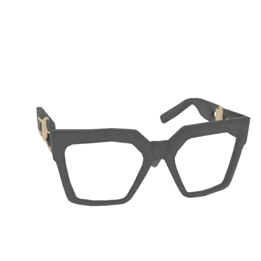 3D model of geometric black eyeglasses with gold accents on the temples, viewed from the front.