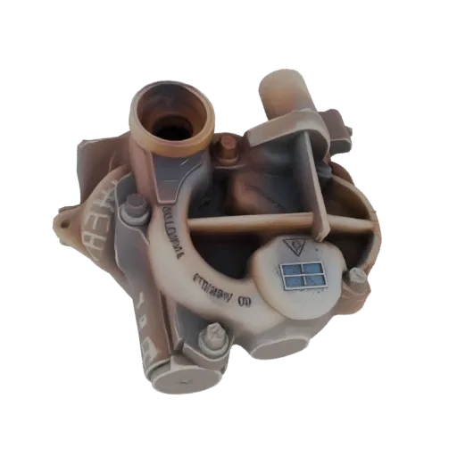 3D model of an industrial pump housing with visible bolts, pipes, and textured surface, set against a white background.