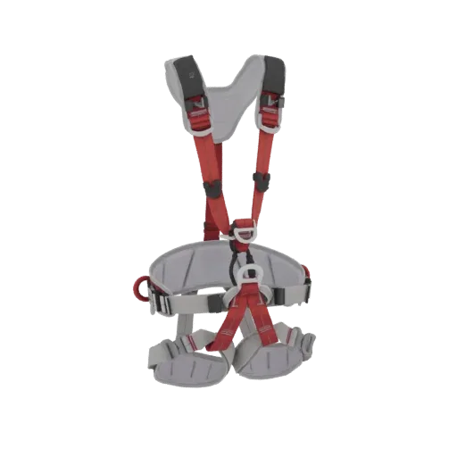 3D model of a full body safety harness with red and grey straps, featuring adjustable buckles and D-rings.