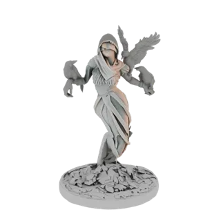 3D model render of a mystic raven sorceress with a hooded cloak, ravens on her arms, and a base of fallen leaves.