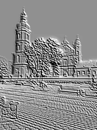 3D bas-relief model depicting an old church with a tall bell tower, trees, and cobblestone pavement.