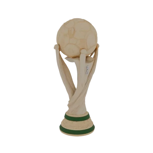 A 3D model render of the Fifa Women's World Cup Trophy, featuring swirling golden bands and a football at the top, on a white