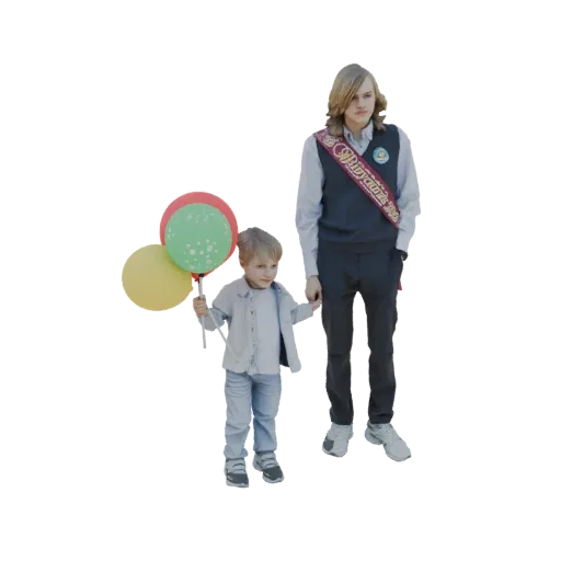 3D model of a young boy holding balloons next to a teenager wearing a celebratory sash.