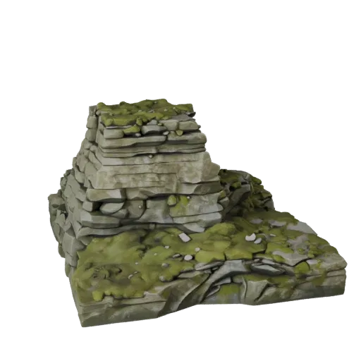 Modelo 3D de Saliente de Piedra Musgoso de Unreal Engine, vista de arriba hacia abajo, mostrando piedra estratificada, caras