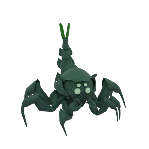 A dark green, mechanical scorpion creature with glowing eyes and sharp claws, presented as a 3D model.