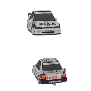 Viste anteriori e posteriori di un modello 3D di un'auto da corsa Honda Accord bianca anni '90 con livrea PIAA.