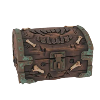3D-Modell einer dunklen, verwitterten Holztruhe mit Knochenverzierungen und einem monströsen Munddesign auf dem Deckel, vor w