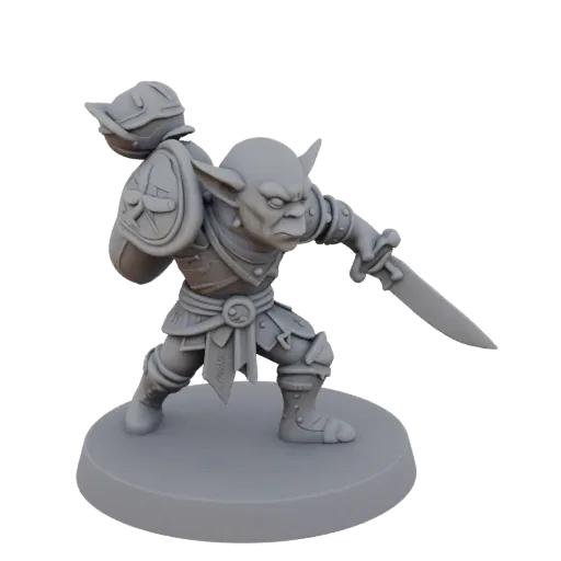 Fantasy Goblin Krieger Eile Miniatur STL, Drei-Viertel-Tabletop-Rendering, harzdruckbare Feindminiatur mit Rüstung, Beutel; S
