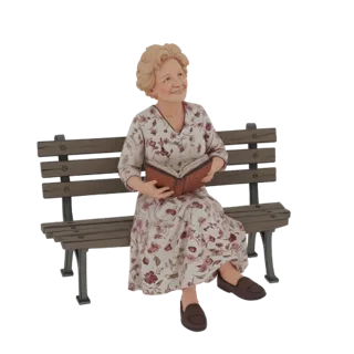 Modelo 3D de uma mulher idosa sorridente com cabelo loiro, vestindo um vestido floral, sentada em um banco de parque de madei