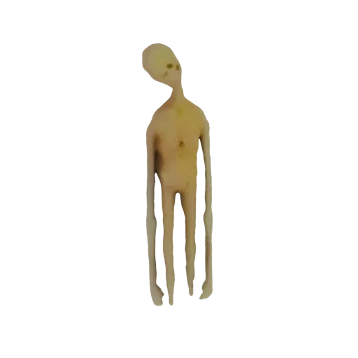 A 3D render of a tall, slender alien figurine with a large head and long, thin limbs, standing against a white background.