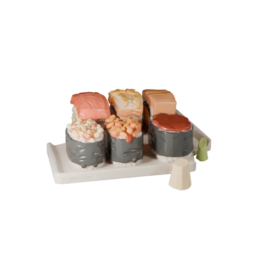 Street Food Sushi Set Stylized 3D model, stylized isometric render, showing sauces, plated composition.