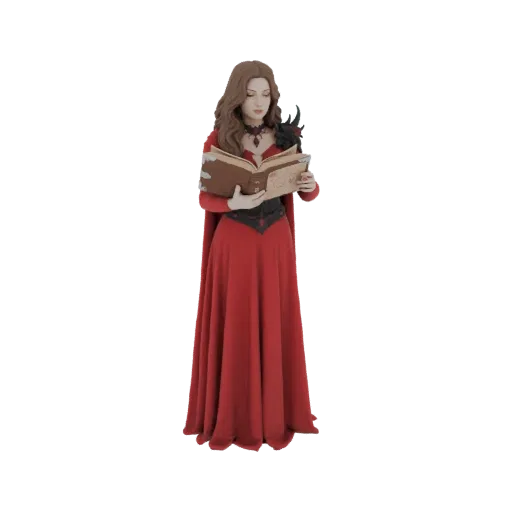 3D model of a mystic sorceress in a red dress, holding and reading an ancient book.