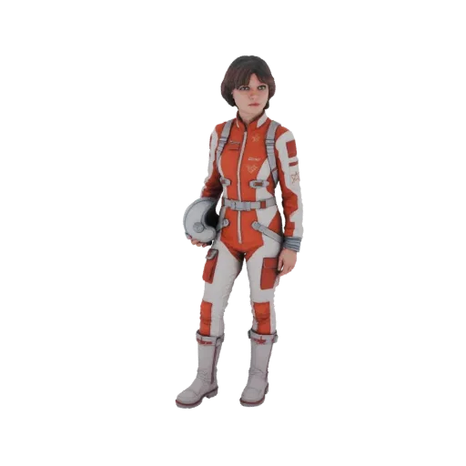 3D model of a woman in a retro orange and white astronaut suit holding a helmet.