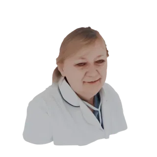 3D model render of a female doctor wearing a white lab coat with blue trim, smiling.