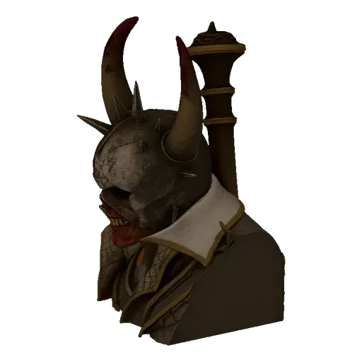 3D model render of a Demonic Warlord bust with large horns, spiked helmet, and a mace, viewed from the side.