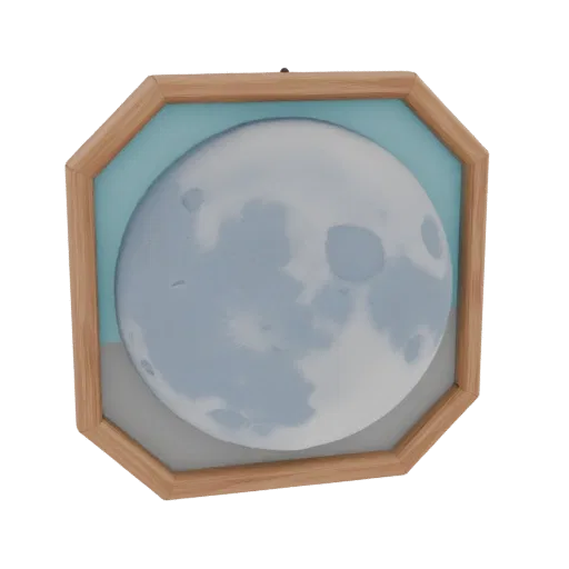 3D model of a moon painting with raised craters in an octagonal wooden frame on a blue background.