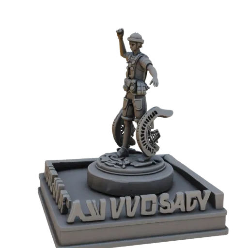 3D model of "Ruslan 55th Anniversary" statue with a human figure and decorative wheel on a base with inscription.