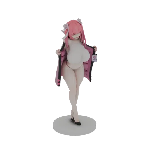 3D model of an anime girl with pink hair, wearing a pink kimono, with a large bust, posed elegantly on a white base.