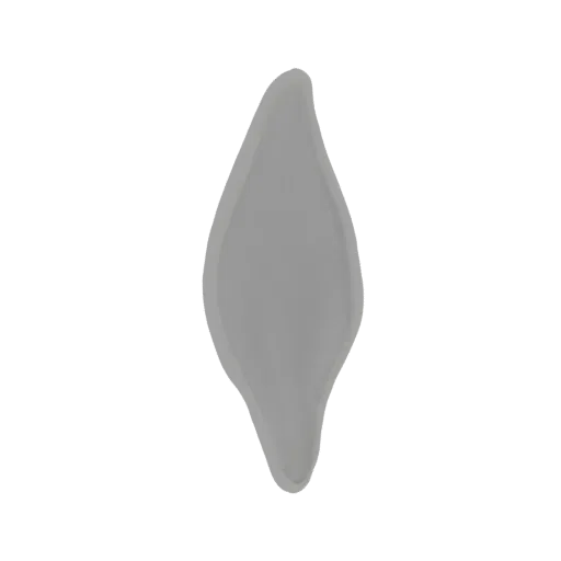 A 3D render of an abstract, smooth grey droplet shape with a tapering form, set against a white background.