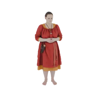 3D-Modell einer stehenden Wikingerin, gekleidet in eine rote Tunika, ein gelbes Unterkleid und mit einem Lederbeutel am Gürte