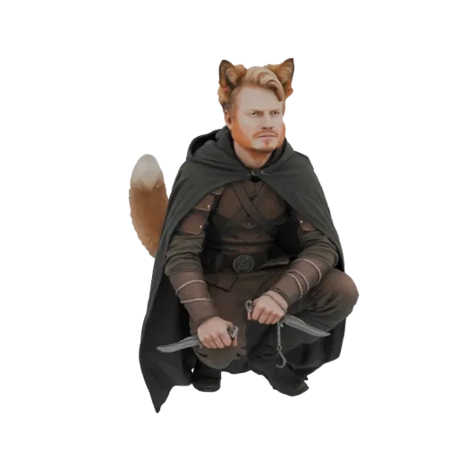 3D model of a fennec fox warrior with ginger hair, wearing a green cloak and brown armor, crouching with two daggers.