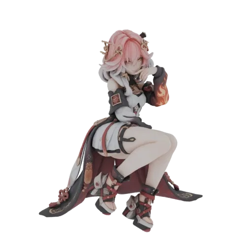 3D model of Yae Miko from Genshin Impact sitting gracefully, with pink hair and detailed traditional Japanese-inspired attire