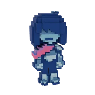 A 3D voxel model of Kris from Deltarune, standing and facing forward, with blue hair, light blue skin, and a pink scarf.
