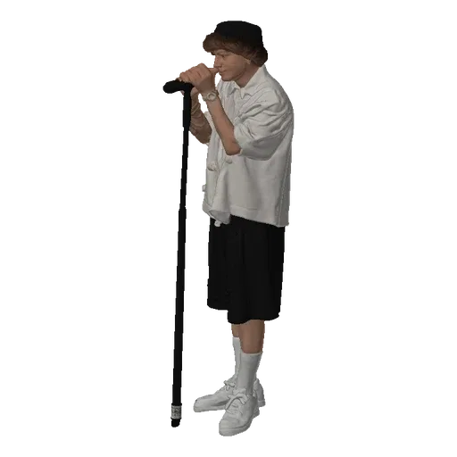 3D model of a young man wearing a bucket hat and casual clothes, singing into a microphone.