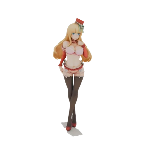 3D model of an anime girl with blonde hair, blue eyes, wearing pink lingerie and a red hat, standing in a dynamic pose.