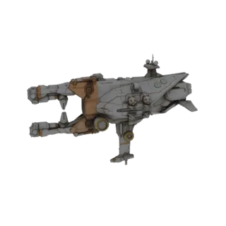 3D model of a futuristic gunship with twin cannons, rendered in grey and tan with intricate mechanical details.
