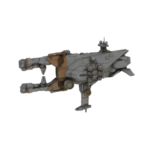 3D model of a futuristic gunship with twin cannons, rendered in grey and tan with intricate mechanical details.