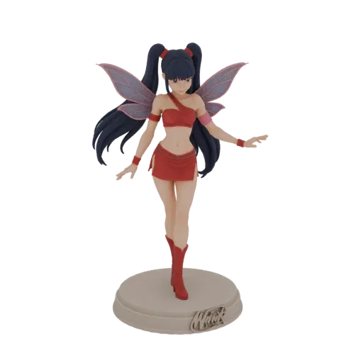 3D model of Musa from Winx Club, a fairy with dark hair in ponytails, wearing a red outfit and fairy wings, standing on a cir