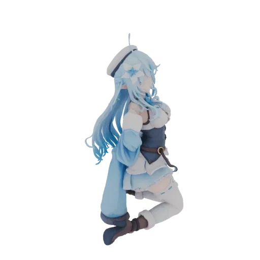 3D model of an anime girl with long, flowing blue hair, wearing a sailor hat and aqua-themed outfit, posed dynamically.