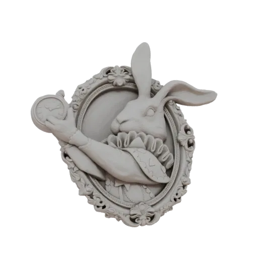 3D model of the White Rabbit from Alice in Wonderland, depicted as a wall plaque with a decorative frame, holding a pocket wa