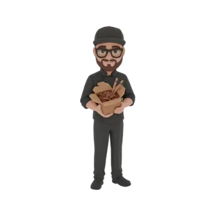 3D model of a cartoon chef with a beard and glasses, wearing a dark uniform, holding a brown takeout box filled with food and