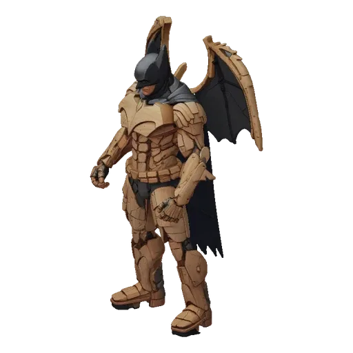 3D model of Batman in a wooden style, with large black and gold bat wings, standing against a white background.