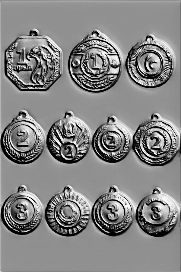 Modèle 3D d'un ensemble de 12 médailles avec chiffres 1, 2 et 3, en style bas-relief