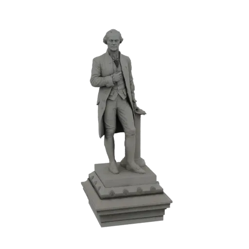 3D model render of a statue of Alexander Hamilton in 18th-century attire, standing on a detailed pedestal.